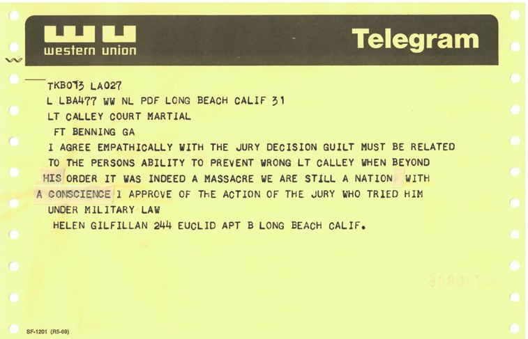 The court-martial of First Lieutenant William Calley generated intense media coverage. Colonel Reid Kennedy, military judge in the case, received large volumes of correspondence from Americans regarding the trial. A Gallup poll in 1971 found that 79 percent of respondents were opposed to Calley’s conviction. (Credit: JAG Corps Regimental Archives)